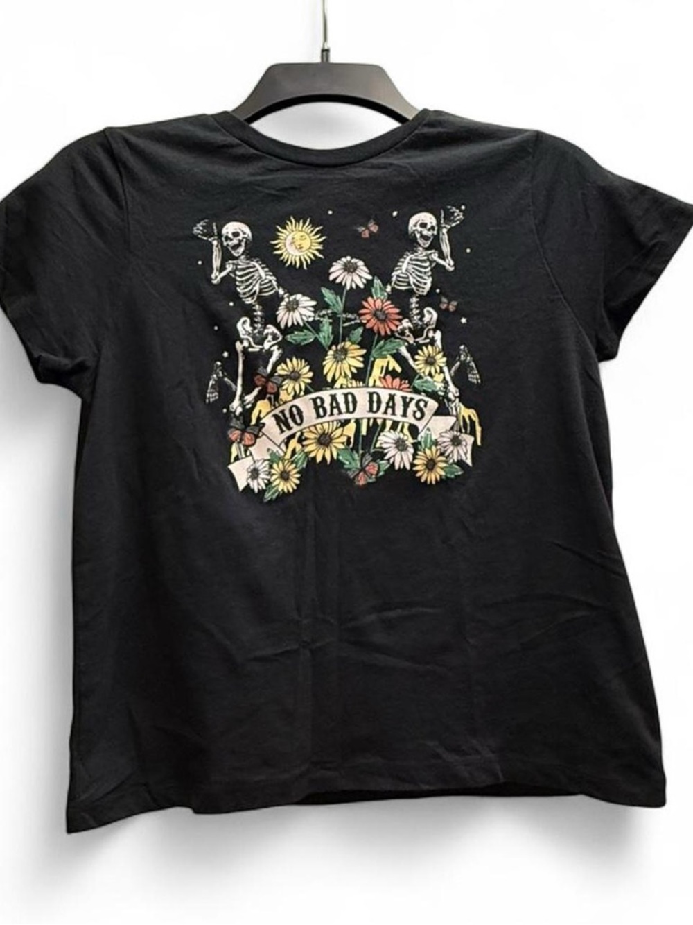 No Bad Days Floral Skeleton Crop Tee - Black